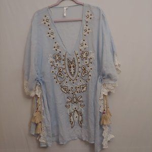 Buby's Italy lightweight Whimsical Baby Blue Tunic Embroidery and Gold beads Med